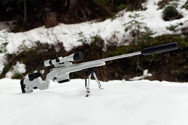 Sniper rifle with a sight in the snow