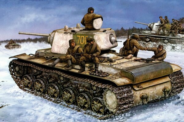 Panzer im Schnee mit Soldaten