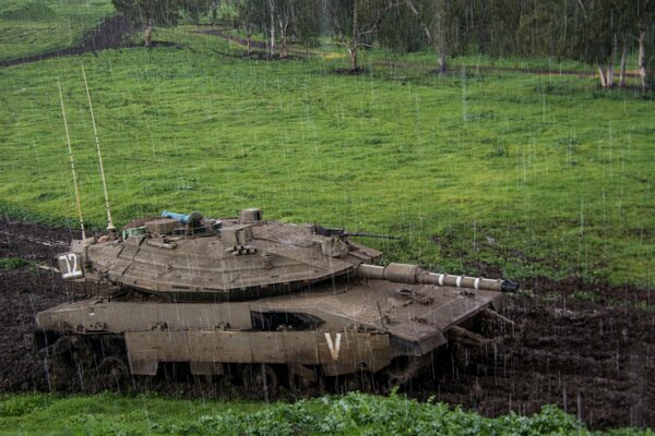 Kampfpanzer im Wald im Regen