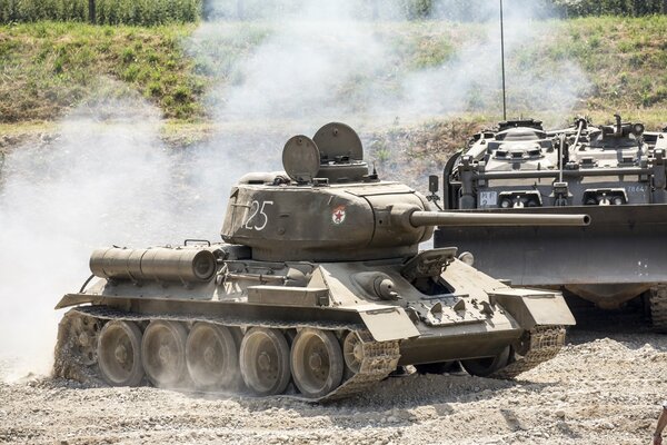 Soviet T-34-95 tank with smoke