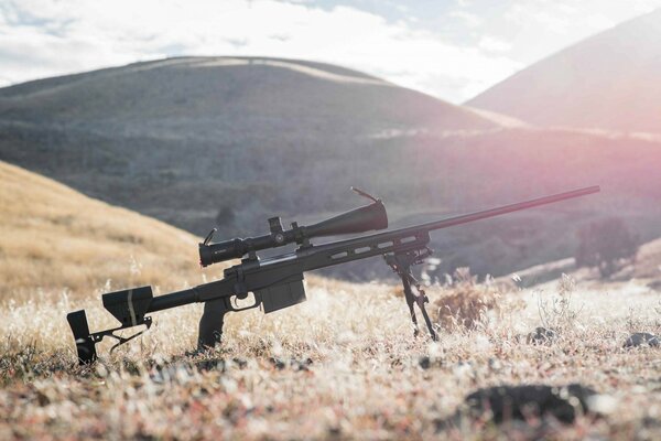 Sniper rifle on a mountain background