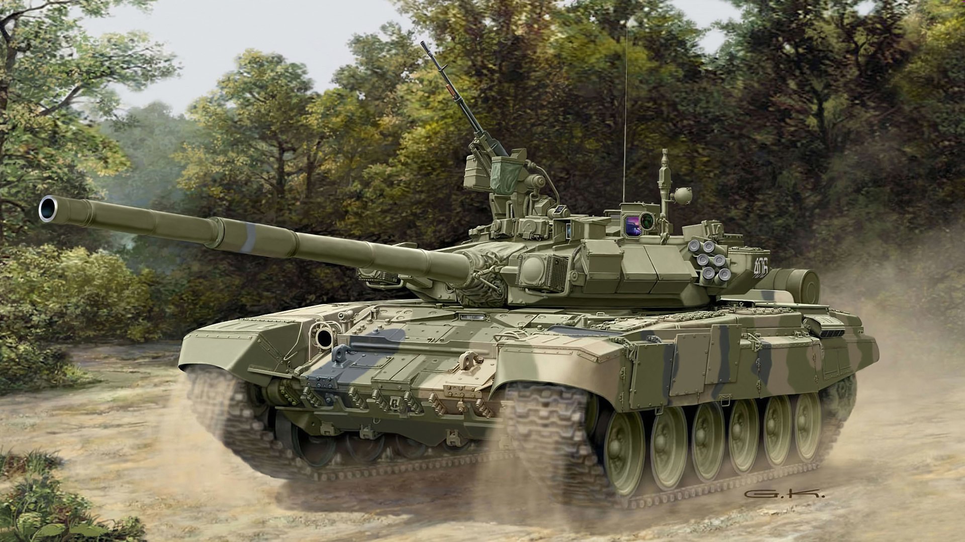 art tank t-90 russian obt caliber guns 125-mm machine guns 1x 7-mm nsvt and cord 62-mm pkt advanced to the starting position polygon exercises russia artist g.klawek