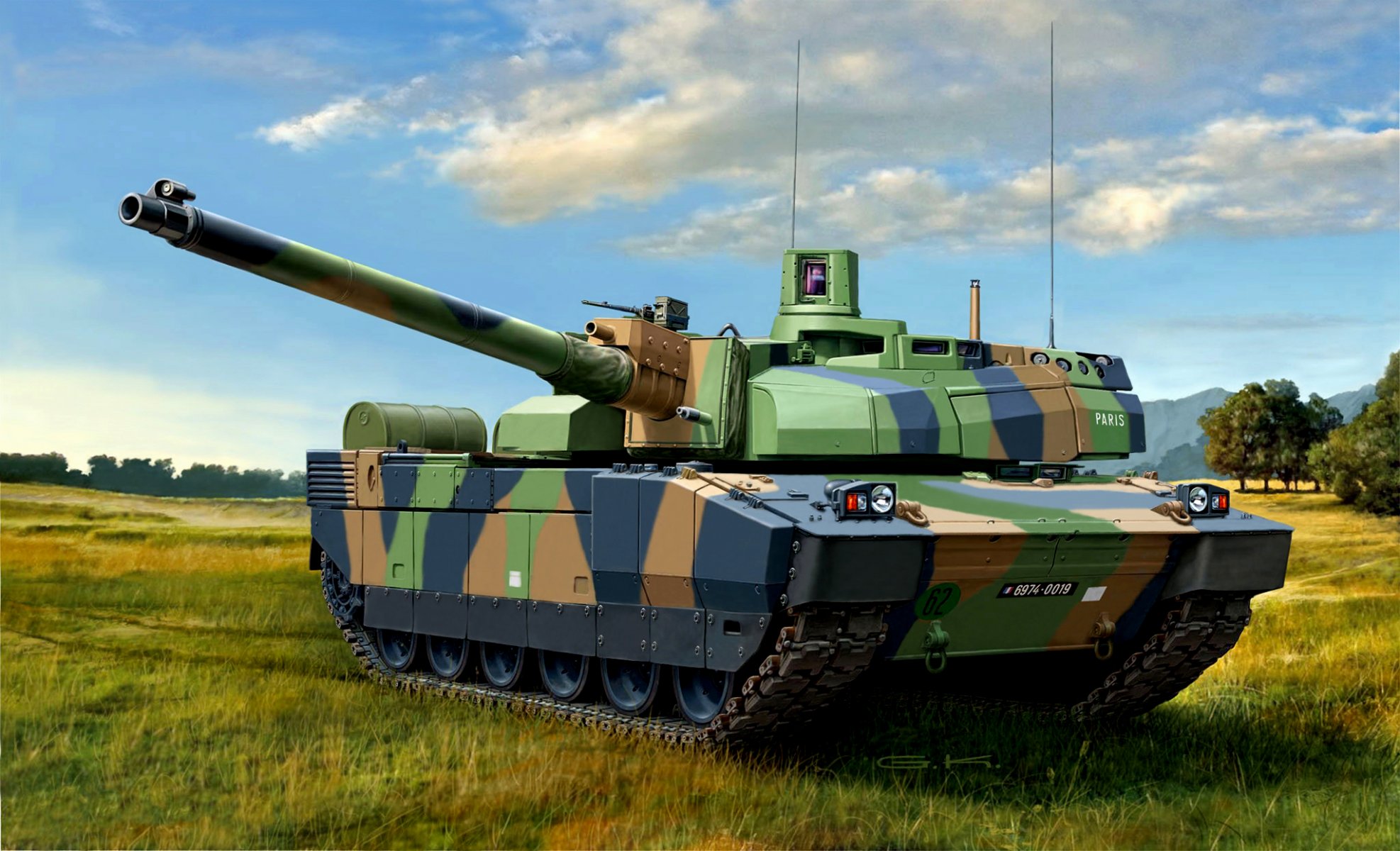 art tank leclerc french obt amx-56 caliber 120 mm machine guns 1x 7 mm course 62 mm anti-aircraft armor combined steel kevlar ceramic anti-projectile polygon exercises artist G.klawek