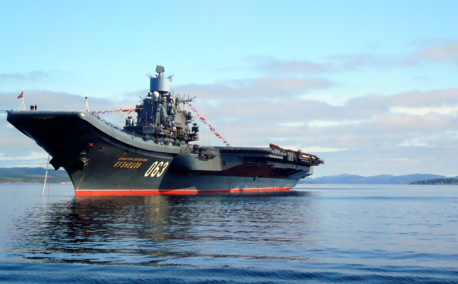 aircraft carrier admiral fleet soviet union kuznetsov heavy aircraft carrier cruiser project 1143.5 navy russian federation russia ussr sailors northern fleet murmansk sea sky mountains hills admiral of the fleet soviet union g