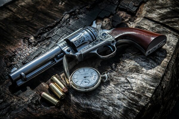 Carved revolver with open clock