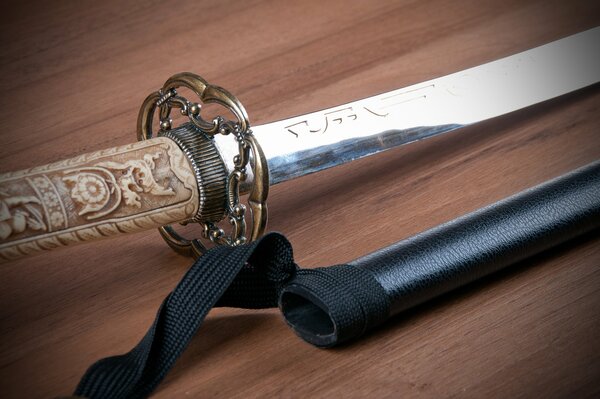 The skillful handle of a Japanese katana with patterns