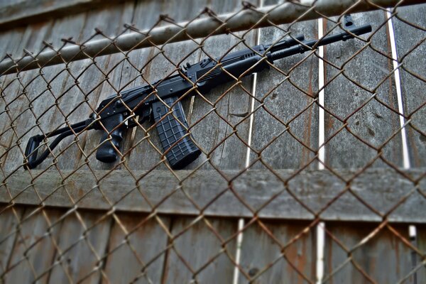 Image of a gun behind a mesh fence