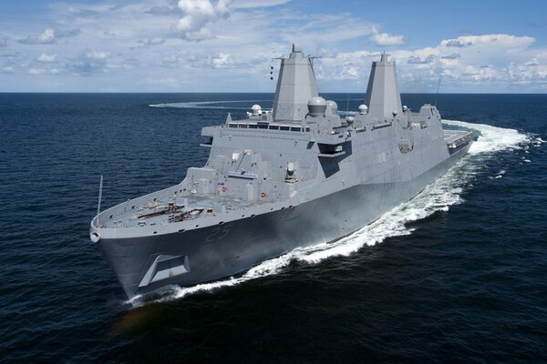 Amphibious helicopter dock ship crosses the sea