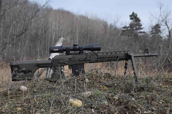 Rifle de francotirador con vista en el bosque en la hierba