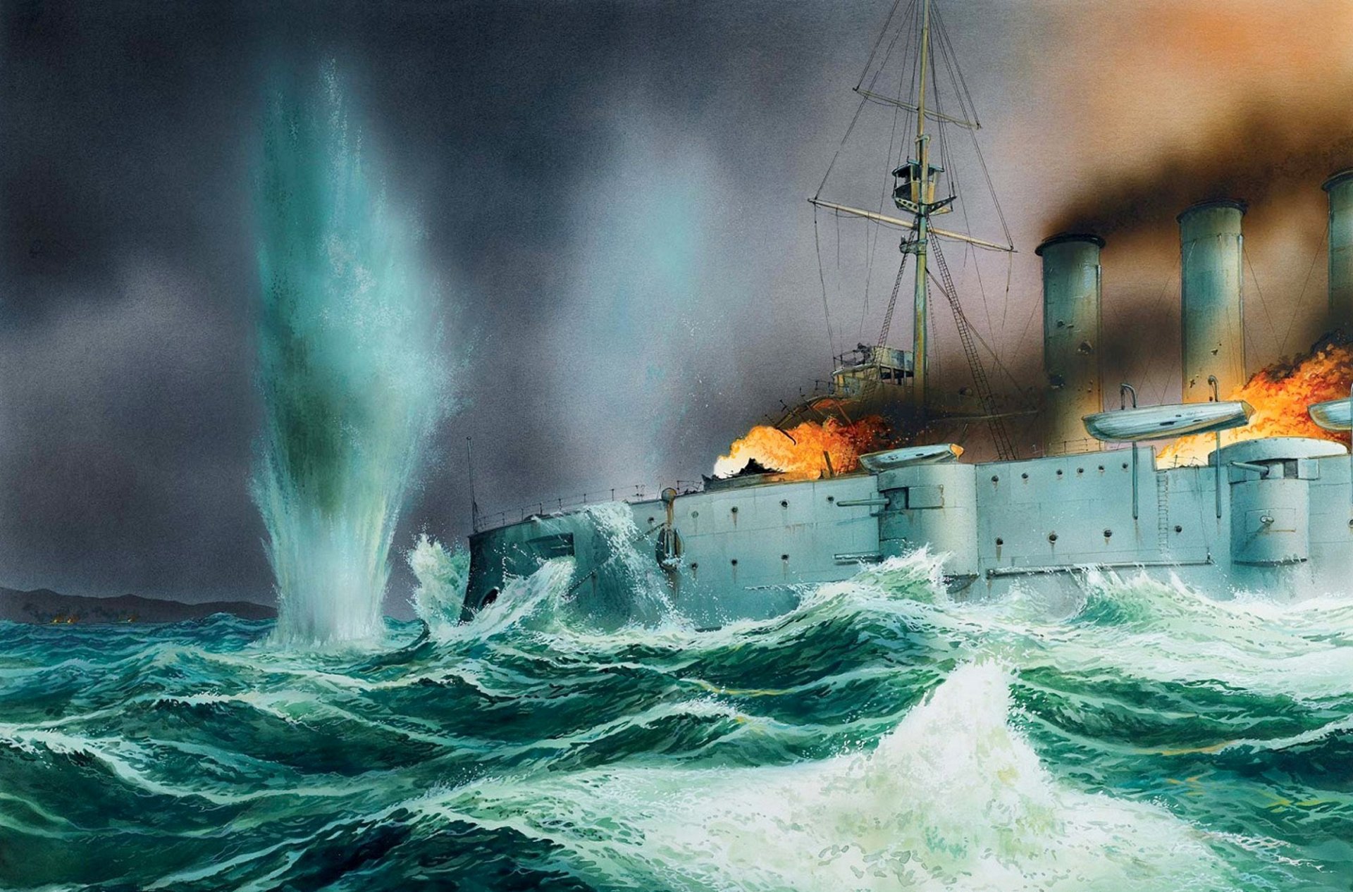 art mer vagues bataille du port de coronel chili 1er novembre 1914 britannique croiseur cuirassé good hope good hope explosions piliers de flamme naufrage du navire ww1 dessin