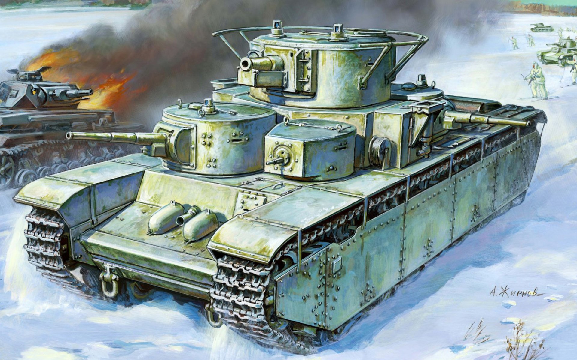 kunst panzer t-35 sowjetisch weltweit einzigartig fünf-turm seriell kaliber waffen 1x 2-mm 2x 45-mm maschinengewehre 6x 62-mm dt schlacht für moskau winter 1941 links abgeschossen deutsch pz.kpfw.iv udssr zweiter weltkrieg zweiter weltkrieg künstler a.zhirnov