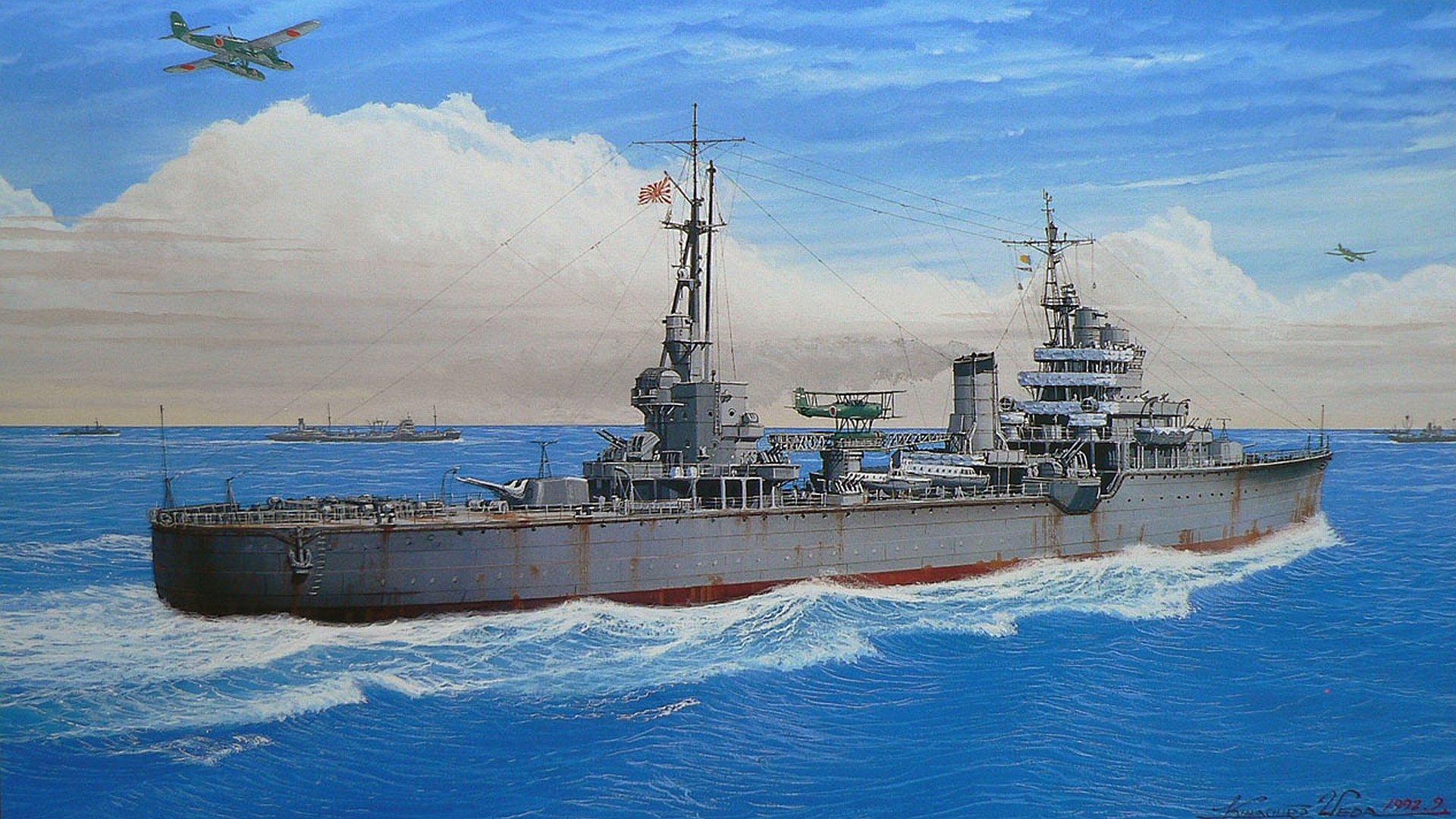 art sea japanese cruiser type agano sky seaplanes special destination aichi m6a seiran ww2 picture