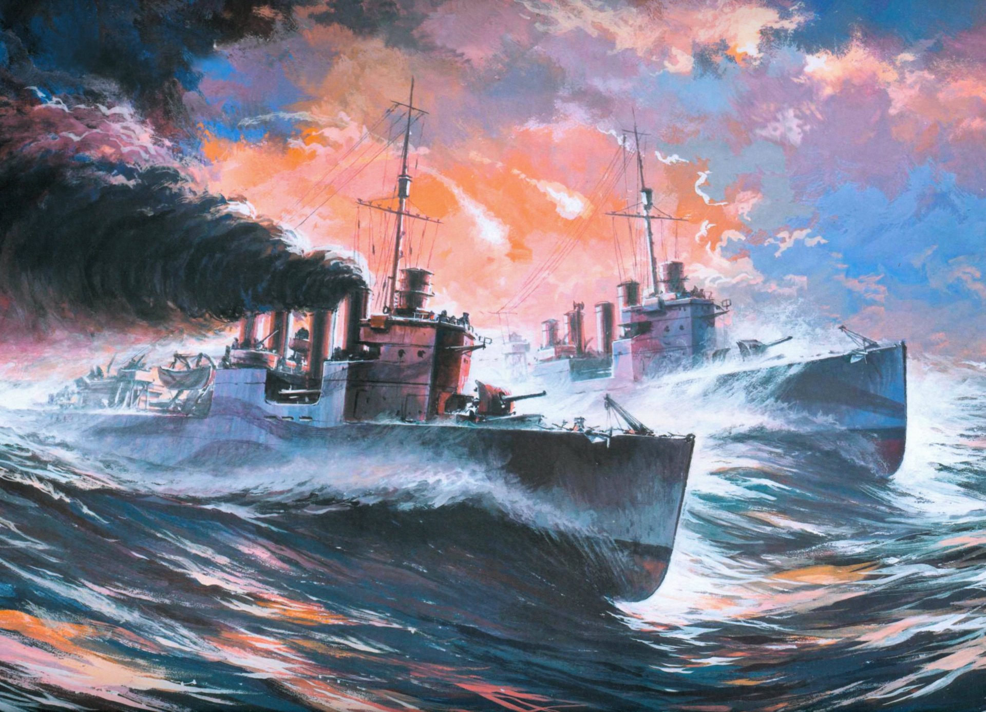 art mer grosses vagues fumée escadron destroyers type chaud marine de l urss dessin