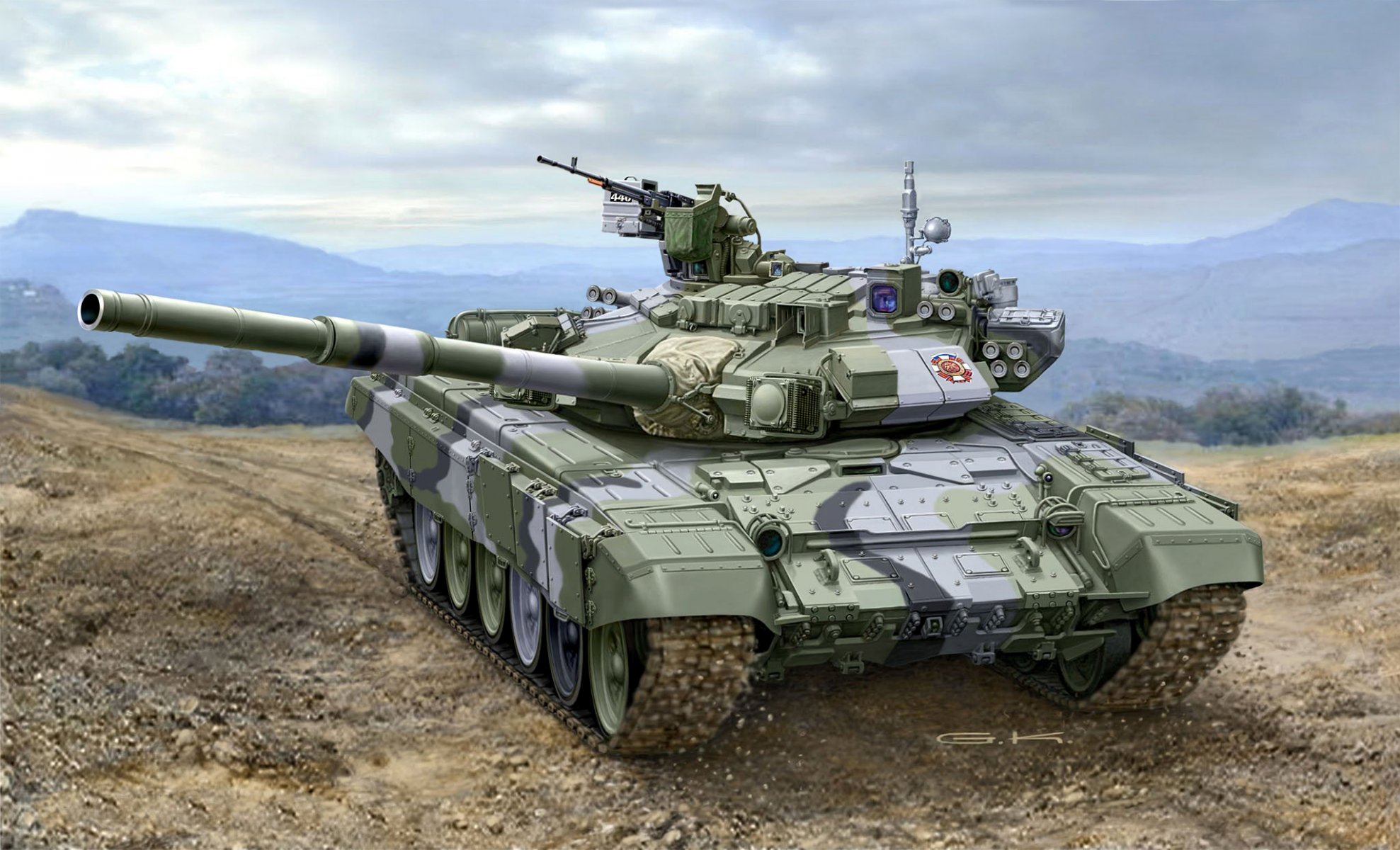 arte tanque t-90a ruso mbt calibre 125-mm ametralladoras 1x 7-mm nsvt o kord 62-mm sct dop armamento reflex-m polígono ejercicios rusia artista g. klawek