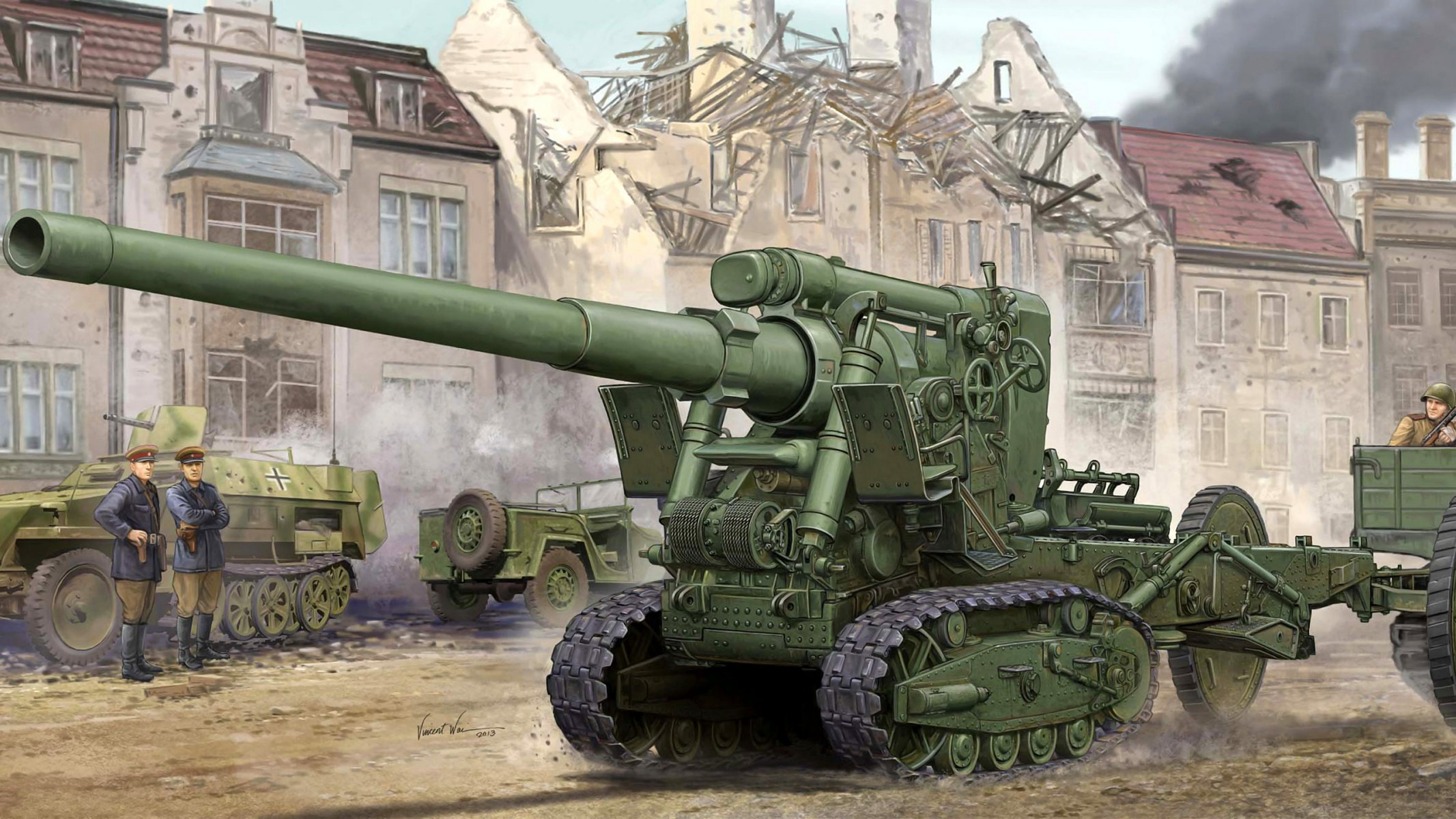 arte artillería br-2 soviético cañón grande potencia oruga carro calibre 4-mm muestra 1935g. utilizado batalla de kursk berlín ofensiva operación remolque tractor voroshilovets segunda guerra mundial urss ww2 artista vincent wai