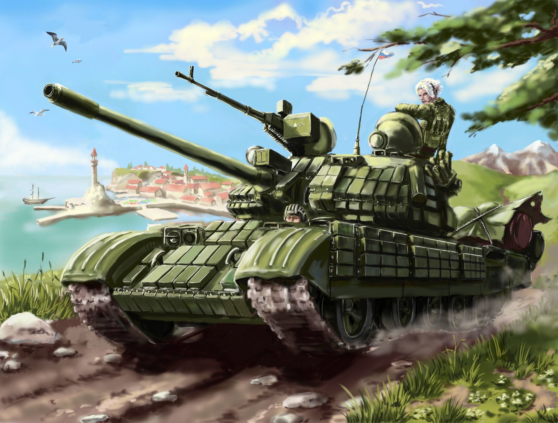 t-55 tank russia men flag town machine gun