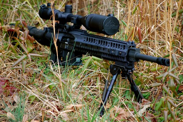 Automatic rifle lying on the grass