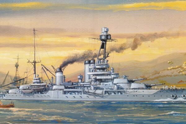 Drawing of a warship in port