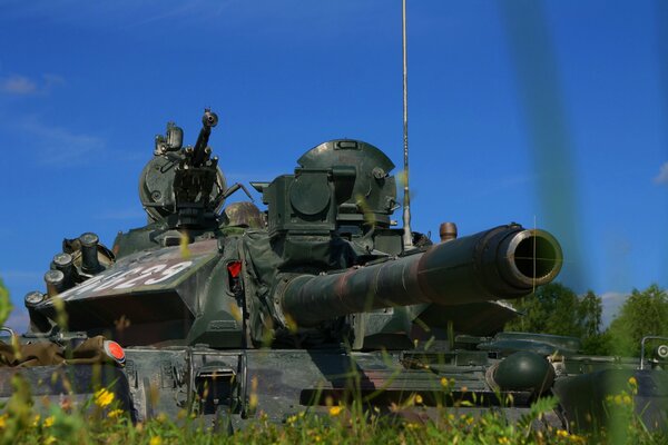 Gepanzerte Fahrzeuge unter klarem blauem Himmel auf dem Feld