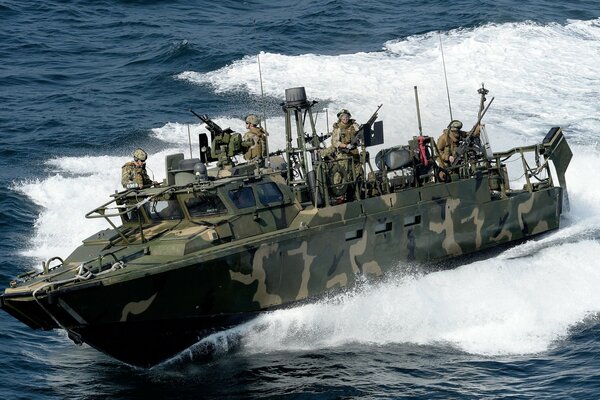 Soldiers at sea on a command boat