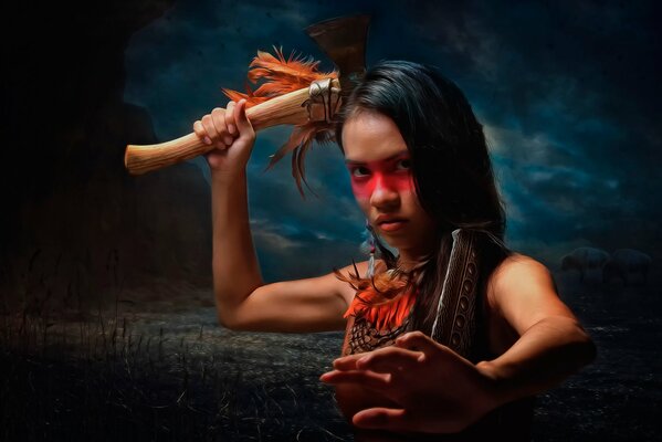 A girl in war paint with a tamagawk in her hand