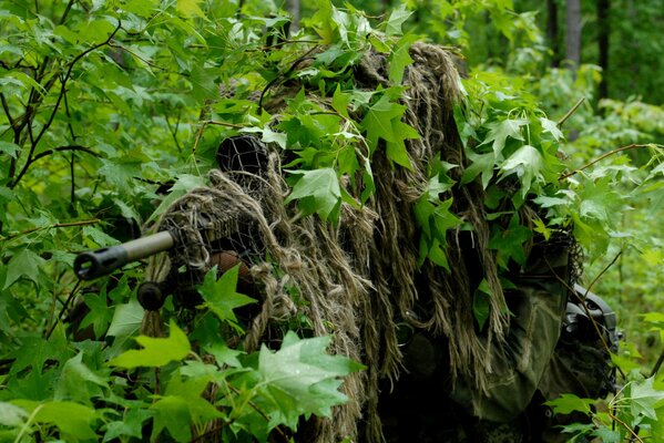 Sniper disguises himself in the bushes of the forest