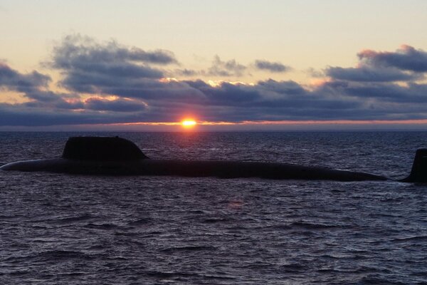 Beautiful sunset with a submarine in Severodvinsk