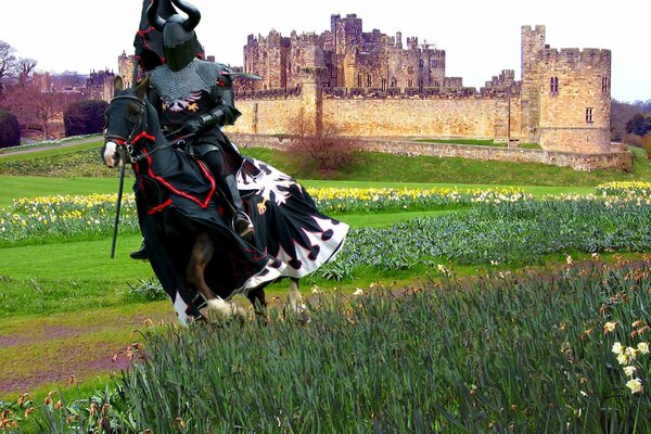 A knight in armor rode away on a horse from his castle