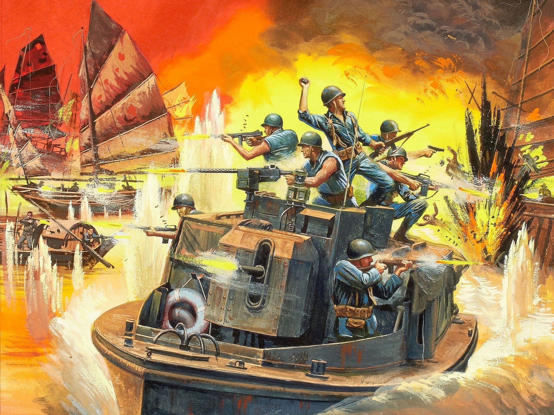 art vietnam mékong bateau blindé soldats armes tir explosions feu jonques dessin