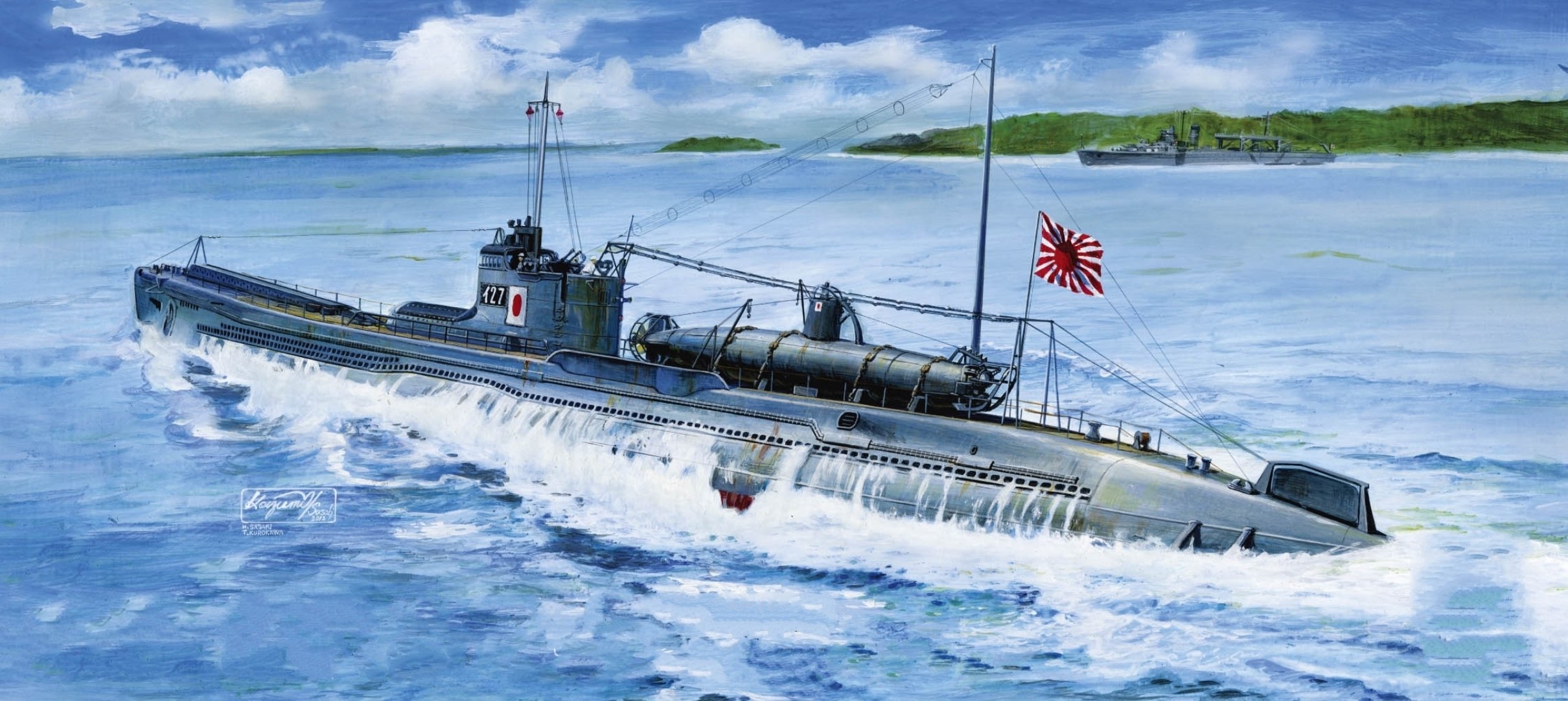 arte bahía i-27 japonés submarino barco destructor costa ww2 dibujo