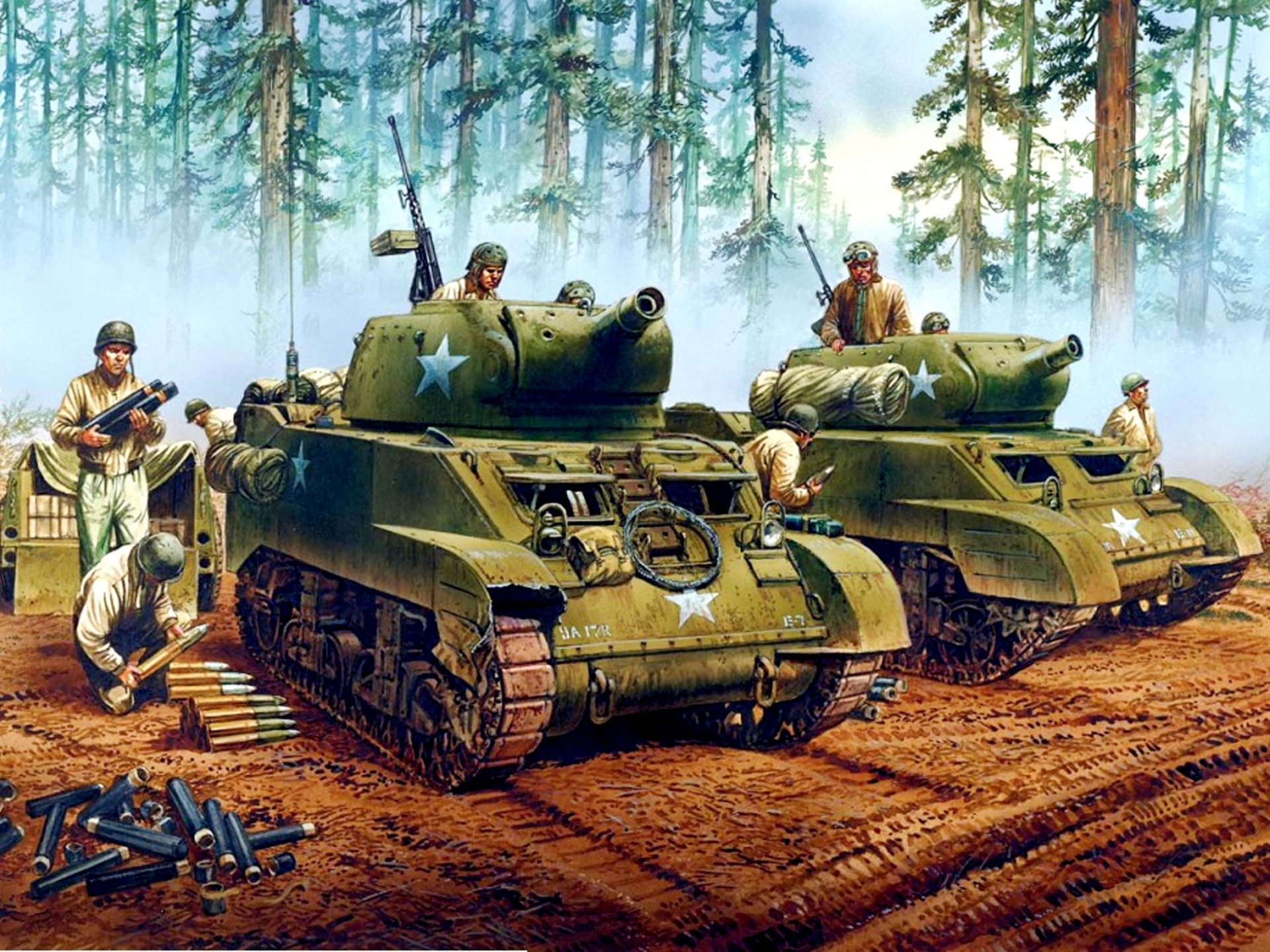 kunst wald bäume amerikanische selbstfahrende artillerieanlagen acs m8 mit 75 mm haubitze und 12 7 mm maschinengewehren soldaten tanker nachschub munition vorbereitung kampfhandlungen ww2 zeichnung