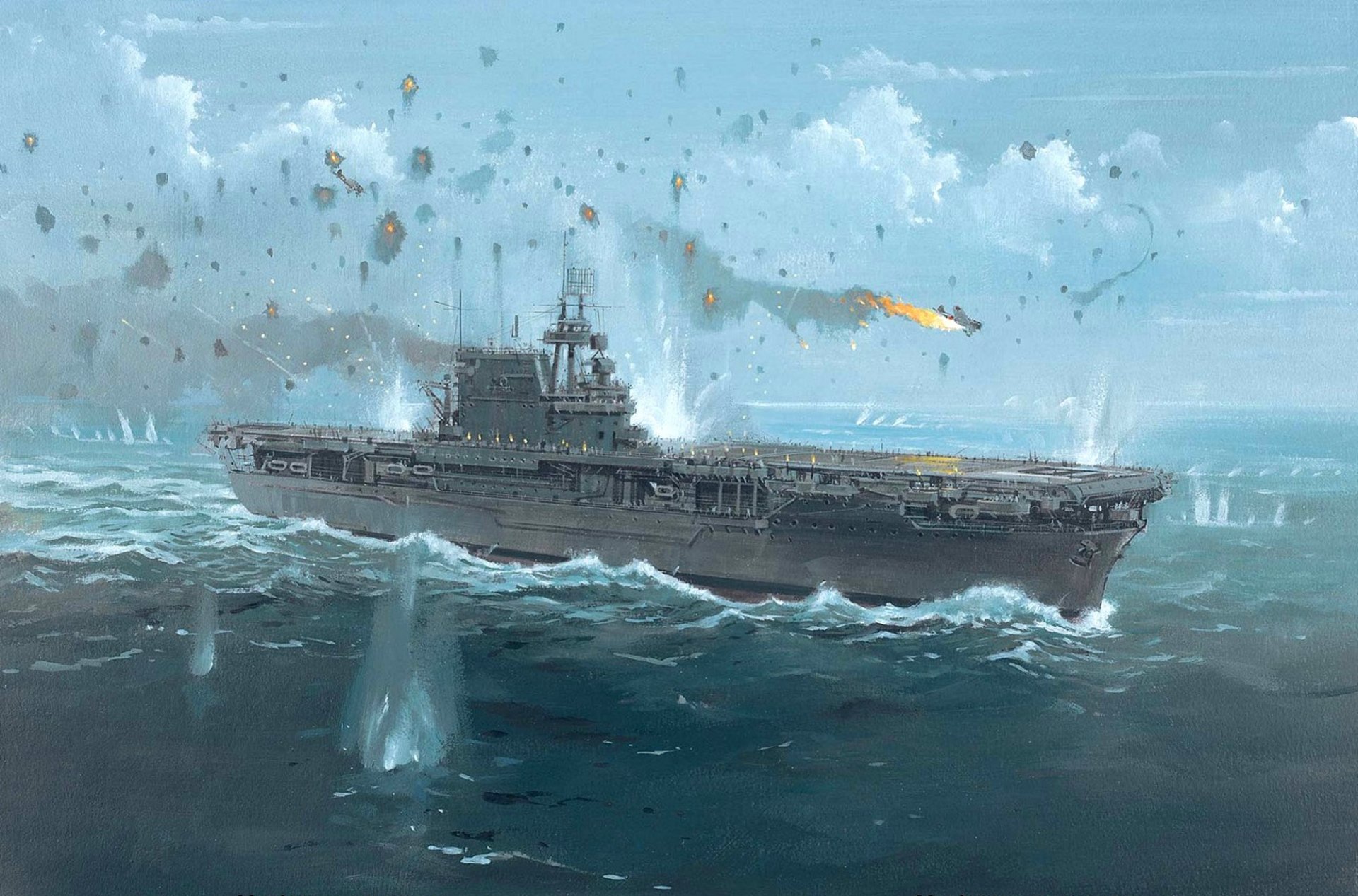 art enterprise uss enterprise cv-6 the carrier us navy fight at the solomon islands august 241942 reflected the attack japanese aircraft shots cap ruptures ww2 picture