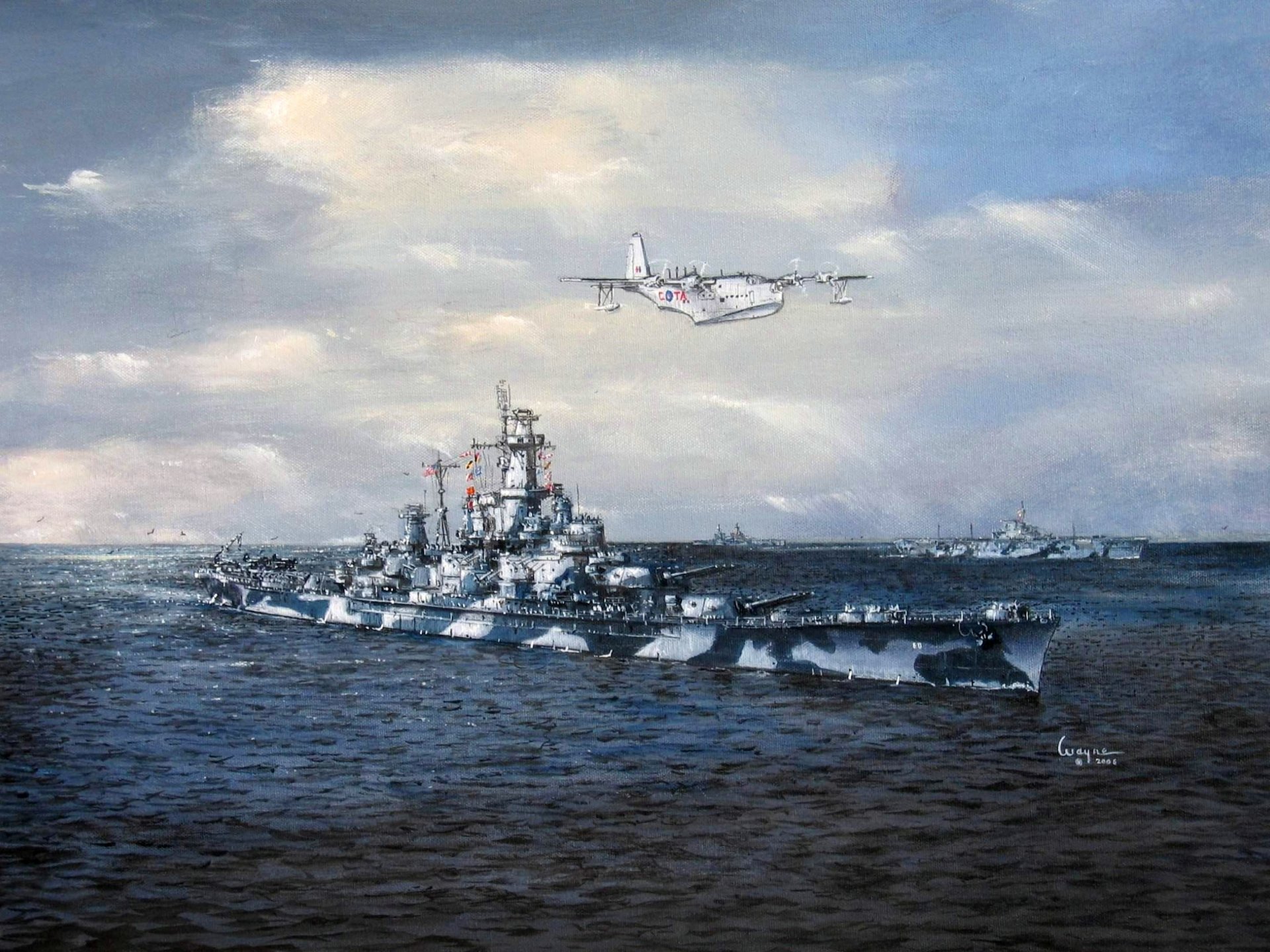 art sea alabama uss alabama bb-60 battleship sky enterprise the carrier seaplane konsolideyted pb2y coronado us navy ww2 picture