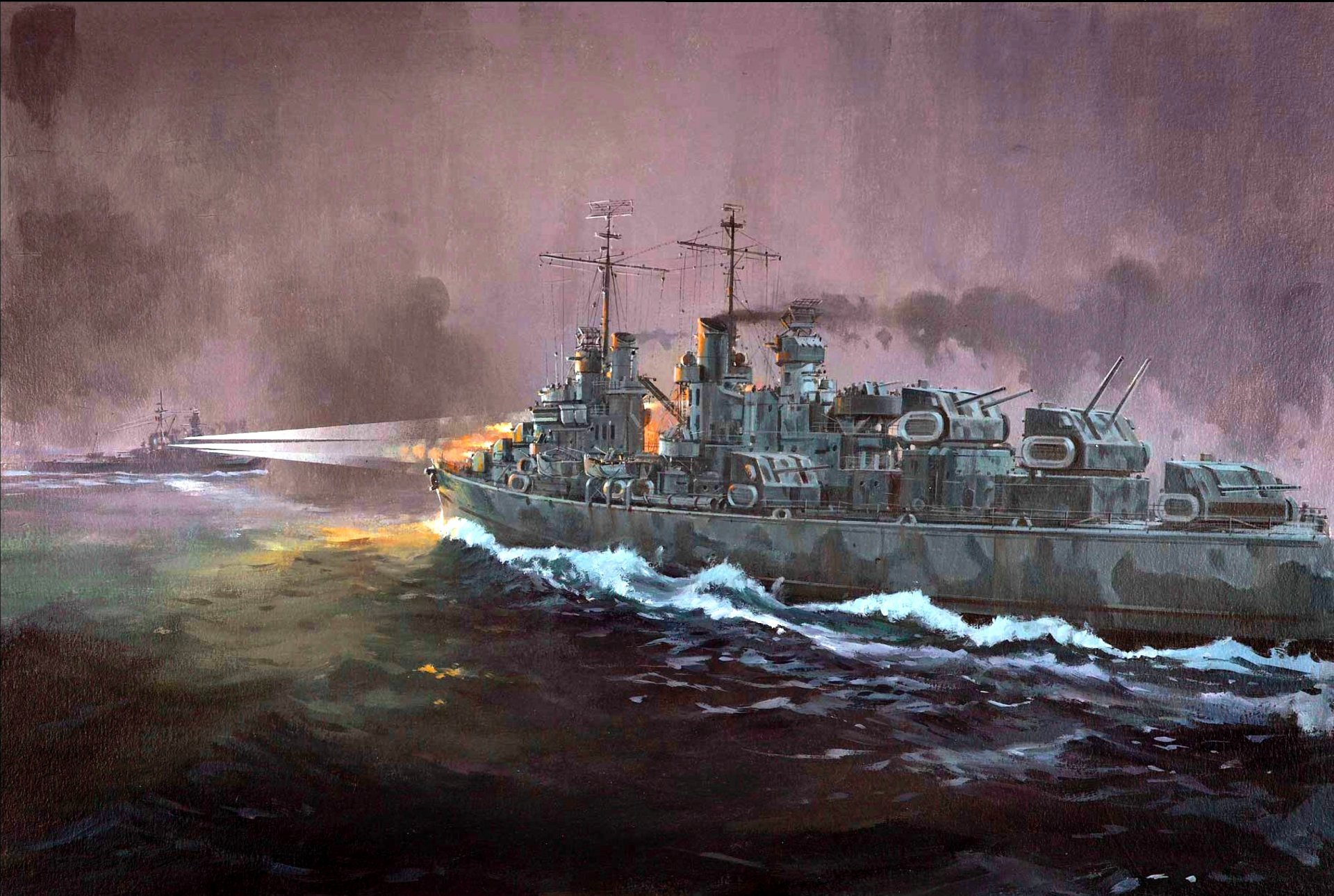 art first battle of guadalcanal night from 12-13 november 1942 floodlight rays japanese speedboat battleship hiei american lightweight cruiser atlanta shots fire ww2 picture