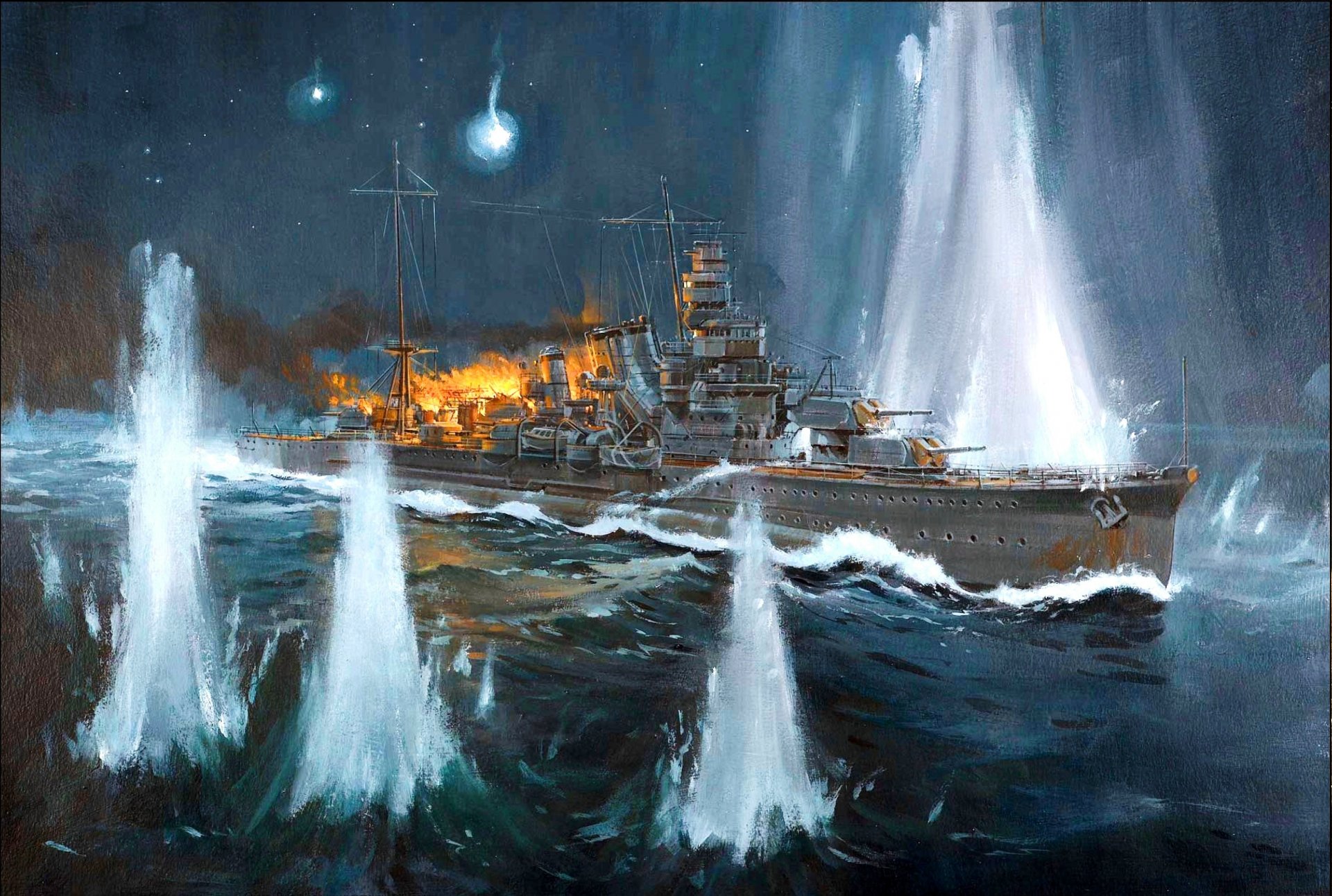 arte ranura estrecho de nueva georgia 11.10.1942 batalla naval cabo esperanza furutaka japonés disparos fuego humo ww2 figura