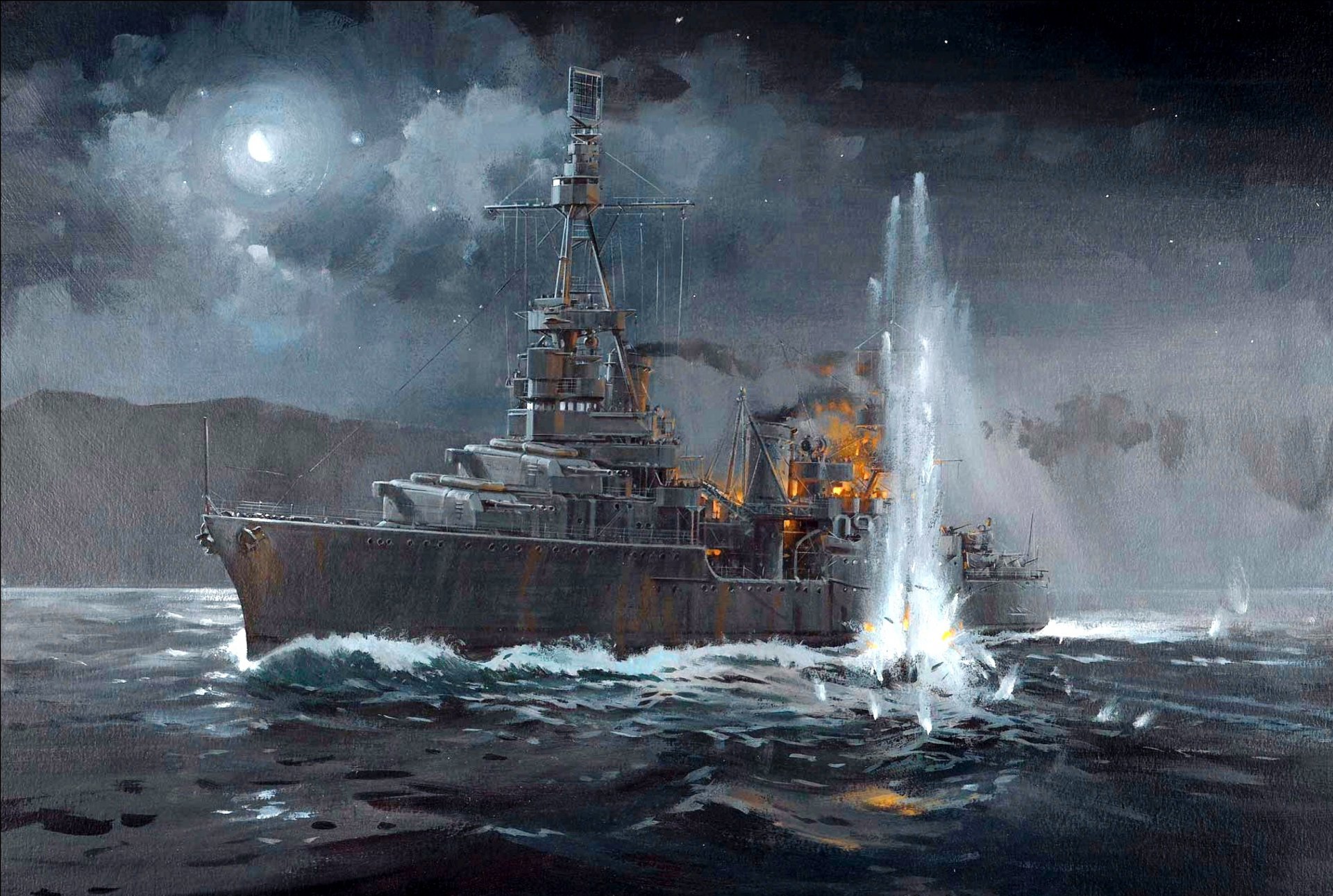 november 1942 amerikanischer schwerer kreuzer northampton steuerbord torpedieren explosion feuer ww2 zeichnung