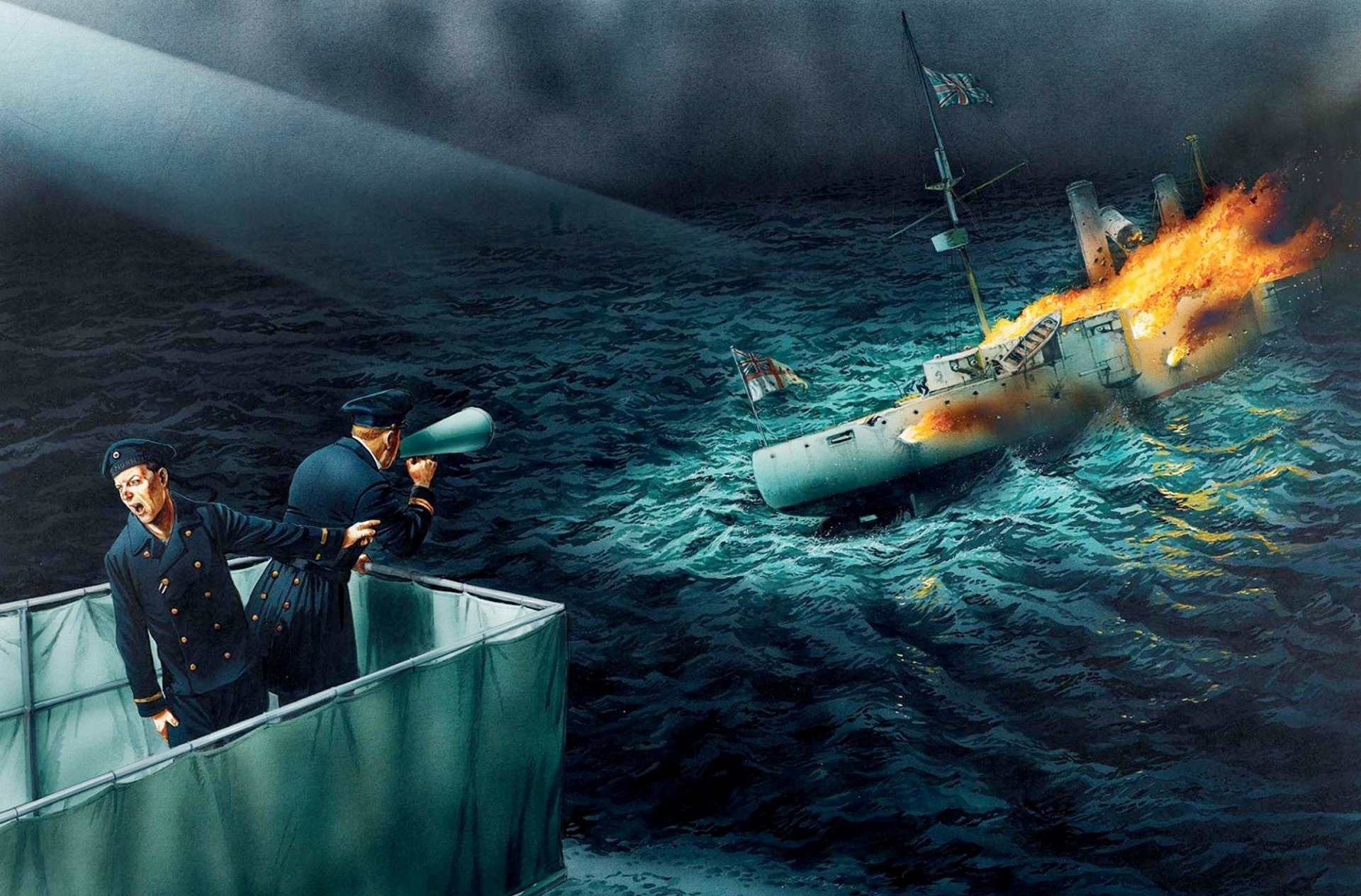 arte batalla del puerto coronel chile llamas fuego humo la muerte del crucero acorazado británico monmouth oficial marinero del alemán crucero blindado nuremberg propuesta de rendirse ww1 figura