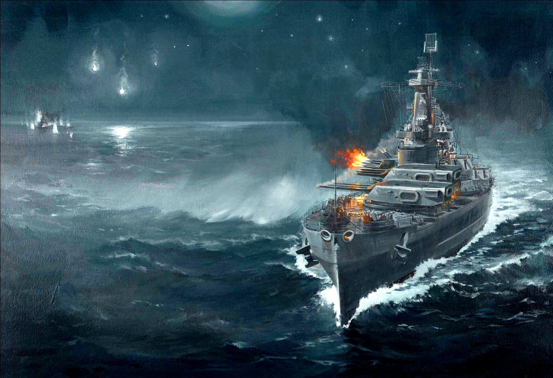 arte guadalcanal noche 14 de noviembre de 1942 batalla naval acorazado estadounidense washington japonés acorazado crucero kirishima duelo de artillería ww2 dibujo