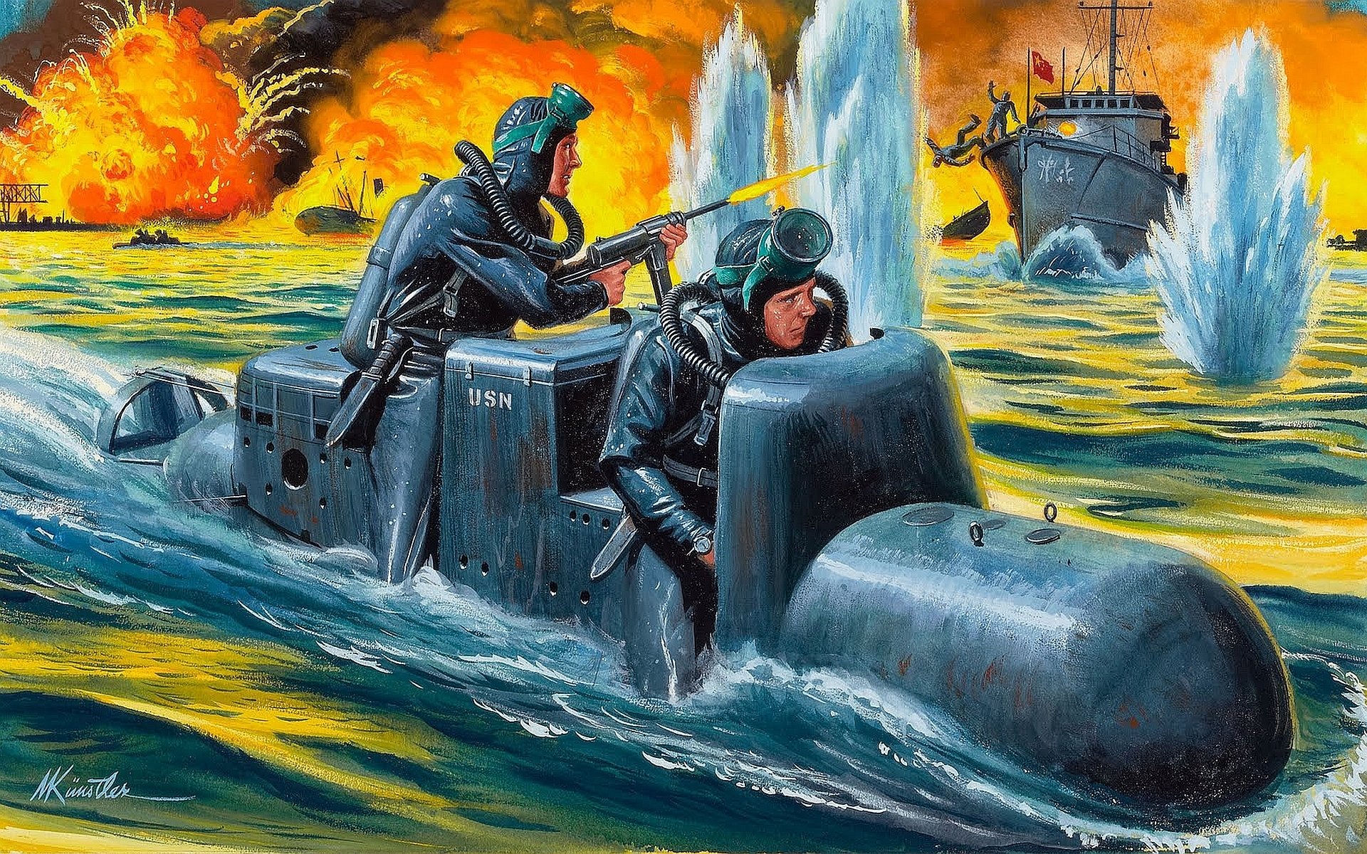 arte puerto área de agua torpedos humanos slc nadadores de combate italianos ataque barcos explosiones fuego ww2 figura