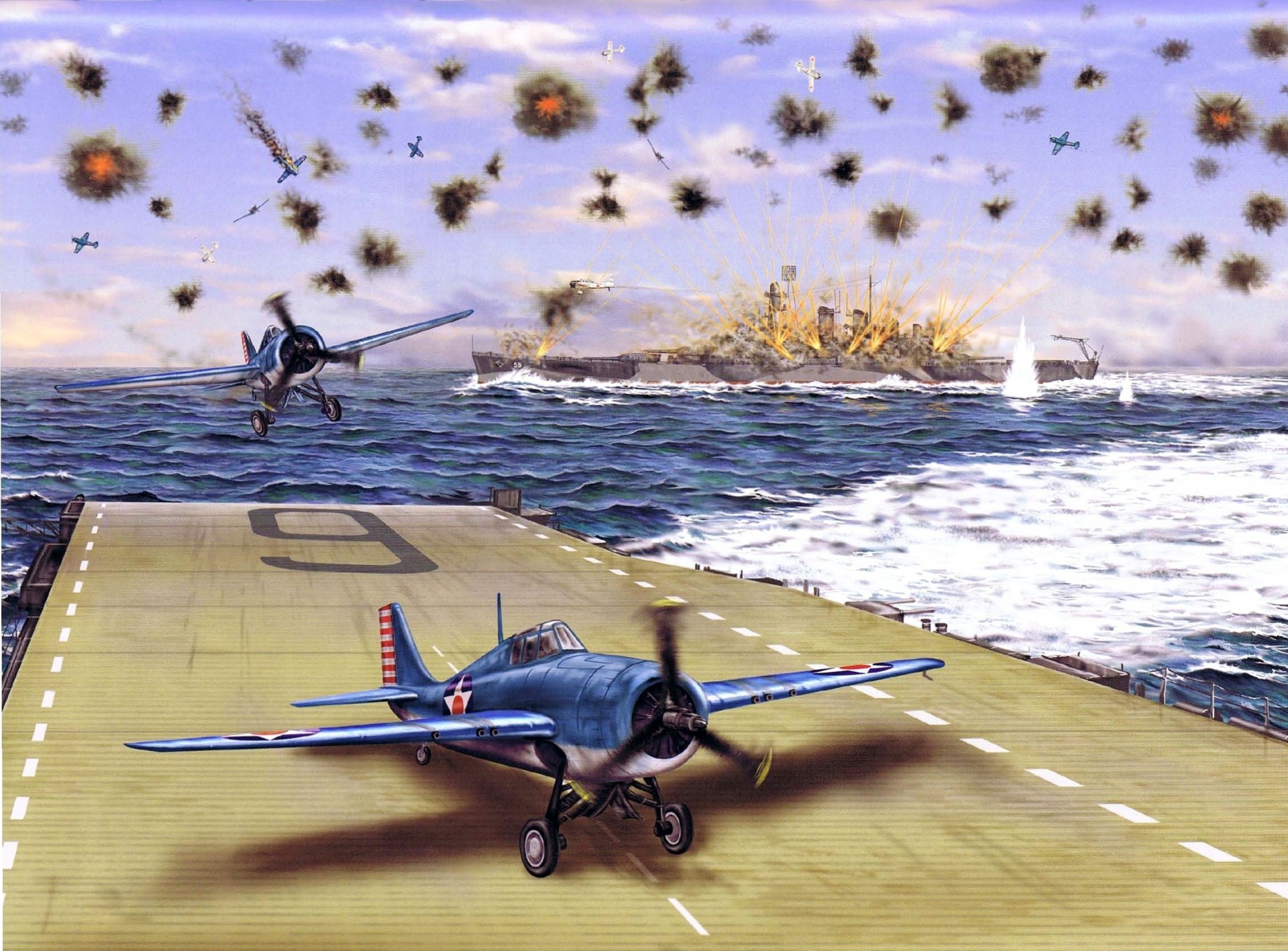 art guadalcanal 7 agosto 1942 respingendo gli attacchi aerei giapponesi spari fuoco tappi di rottura navi americane corazzata carolina del nord portaerei enterprise caccia basati su portaerei grumman f4f-3 wildcat gotovnos