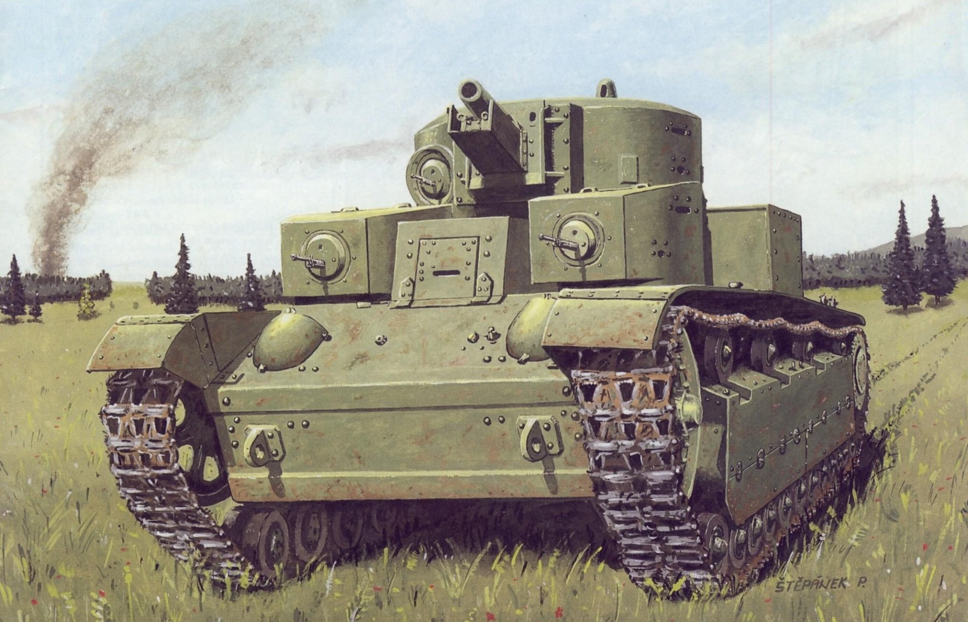 arte t-28 soviético medio tanque campo rastro dibujo