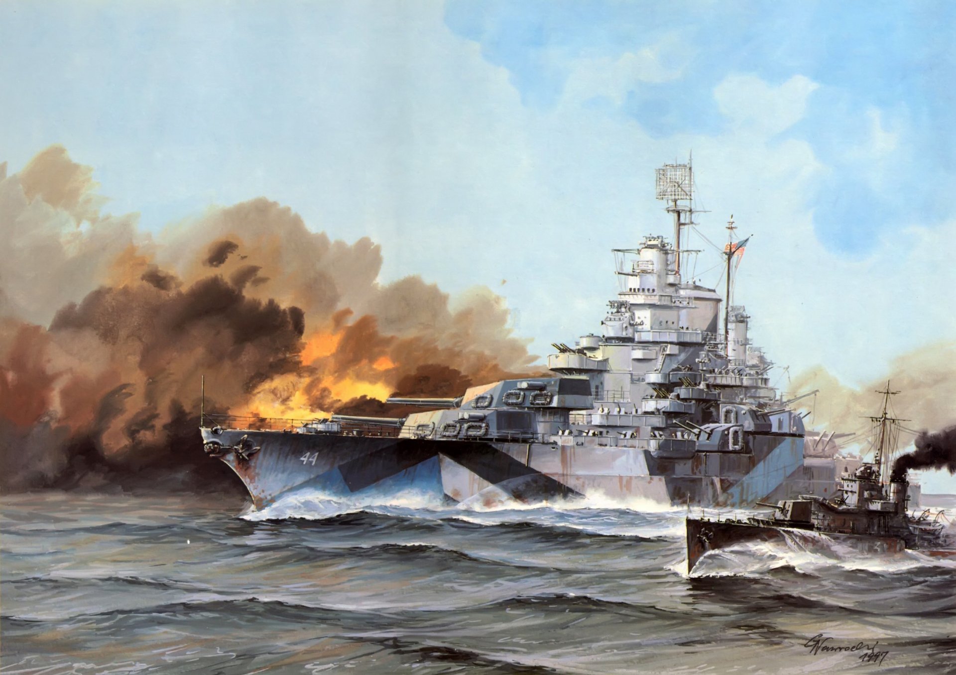 art sea waves california uss bb-44 line ship type of tennessee us navy main battery fire smoke ww2 picture