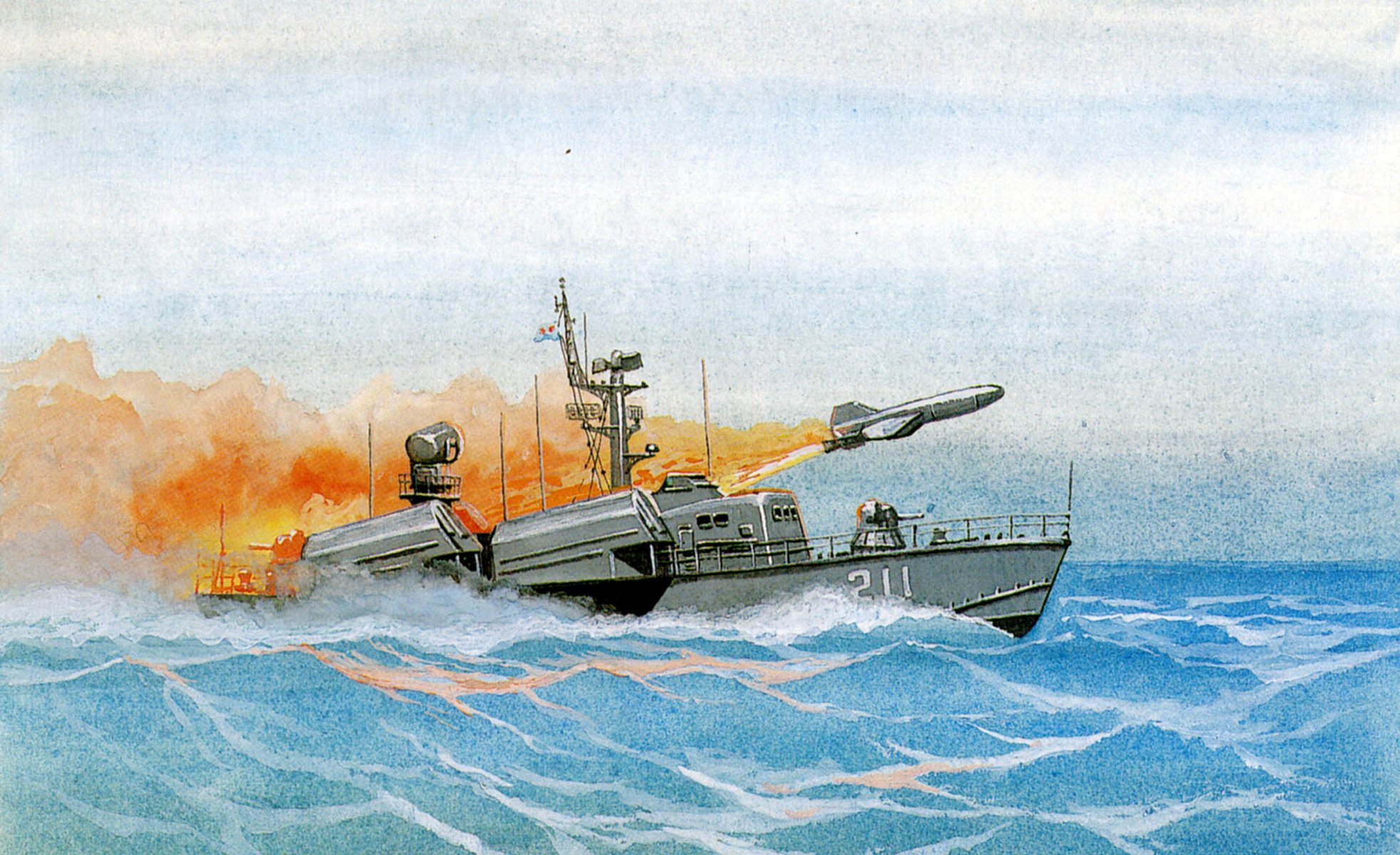 art large rocket boat of the project start rockets p-15u doctrine watercolor picture