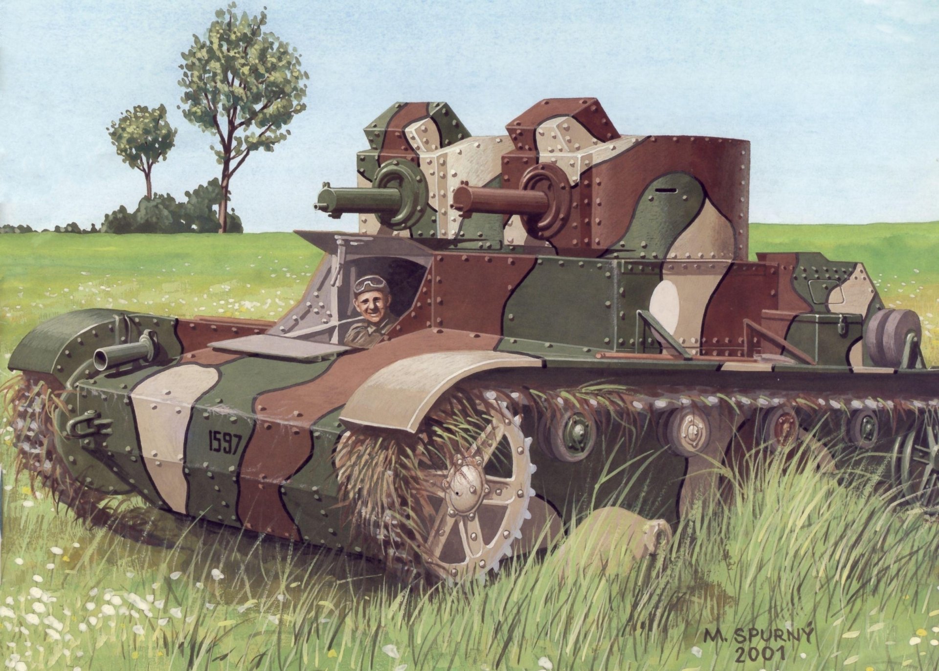 kunst feld gras 7tp polnisch doppeltürme panzer 1930er jahre zwei 92-mm-maschinengewehre scm wz.30 fahrermechaniker übungen zeichnung