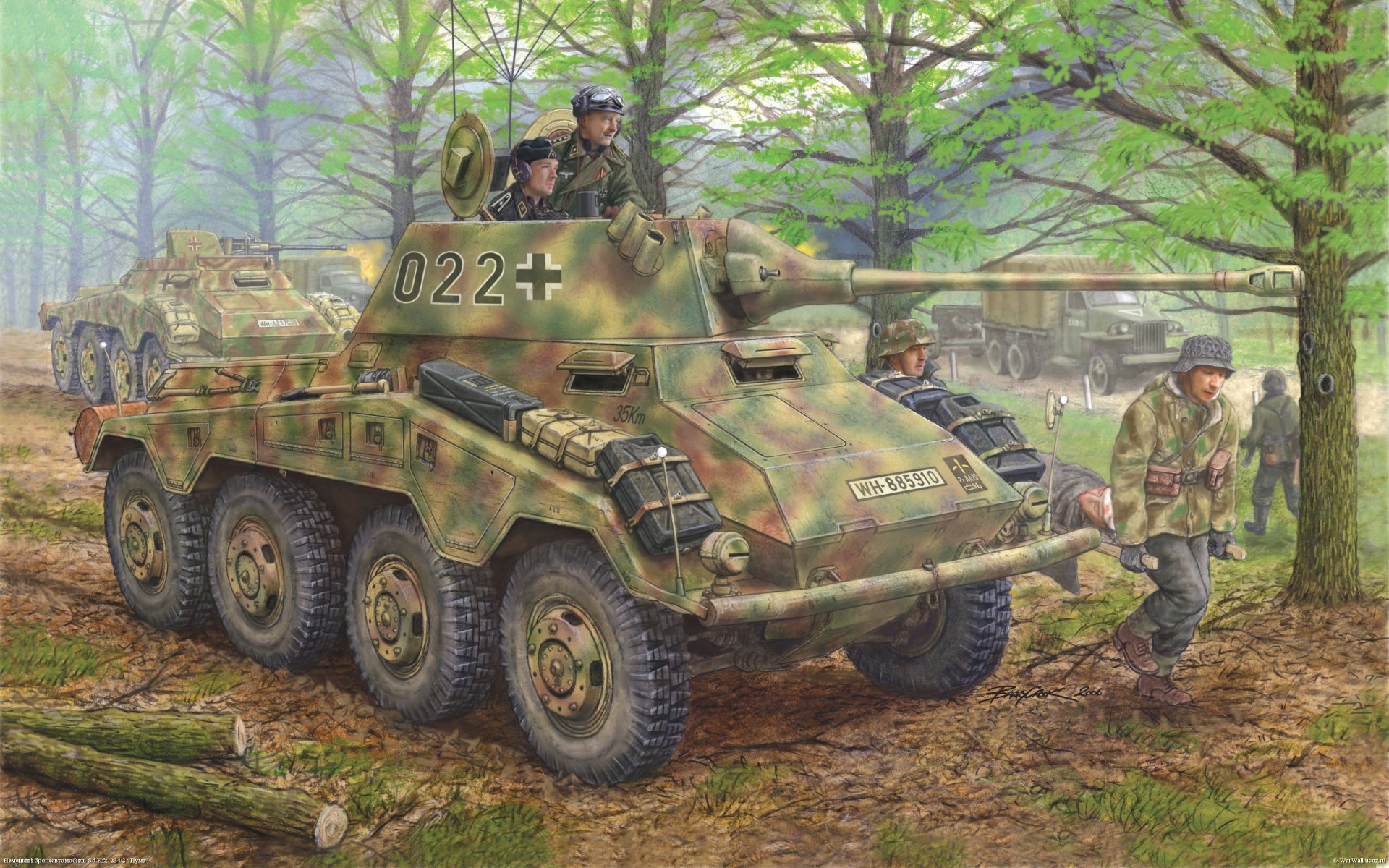 art sd .kfz 234/2 puma german heavy armored car with fully closed turret developed for light tank leopard contained in itself a long-barreled 50-mm cannon with the help of which it was possible to destroy practically any vehicle ra