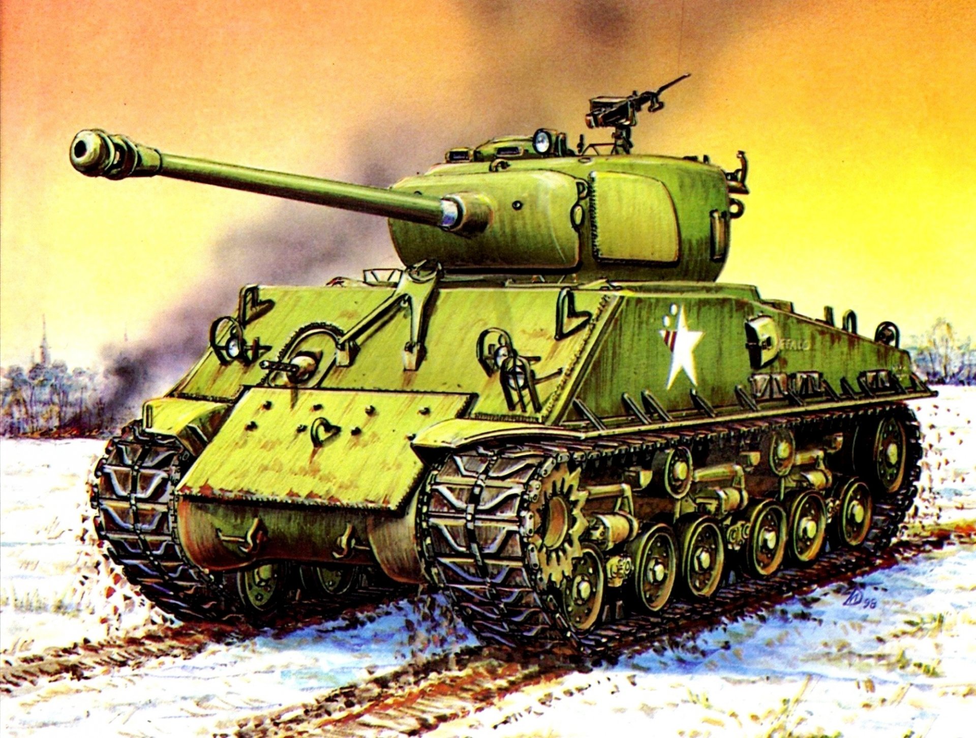 art champ hiver neige m4aze8 sherman américain moyen char à canon long 76 canon de 2 mm ww2 dessin