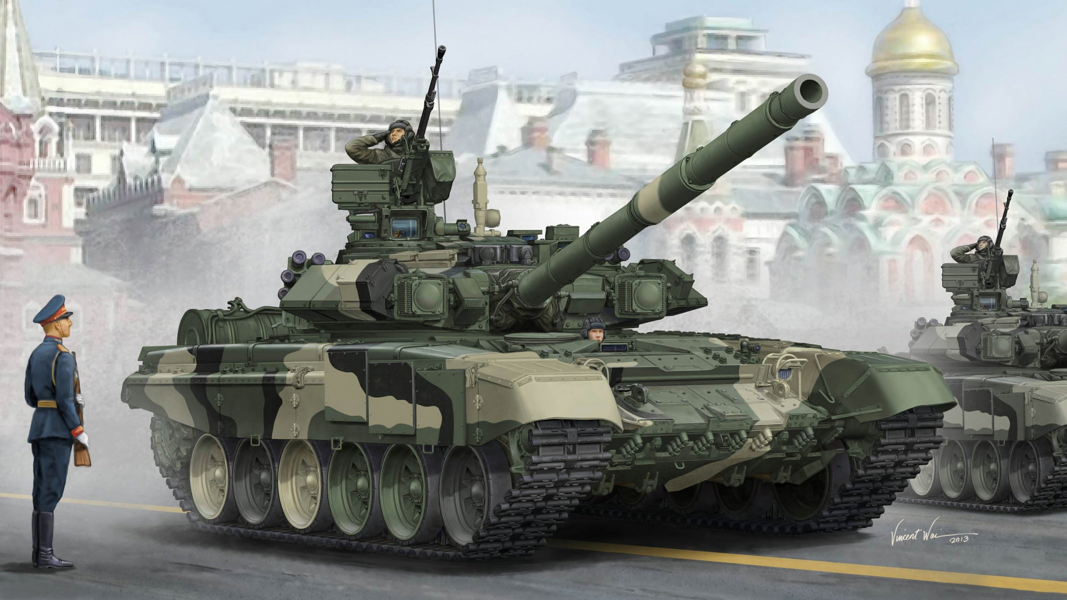 arte t-90a russo mbt carro armato calibro 125 mm piazza rossa mosca parata della vittoria sfondo tempio madre di dio di kazan russia