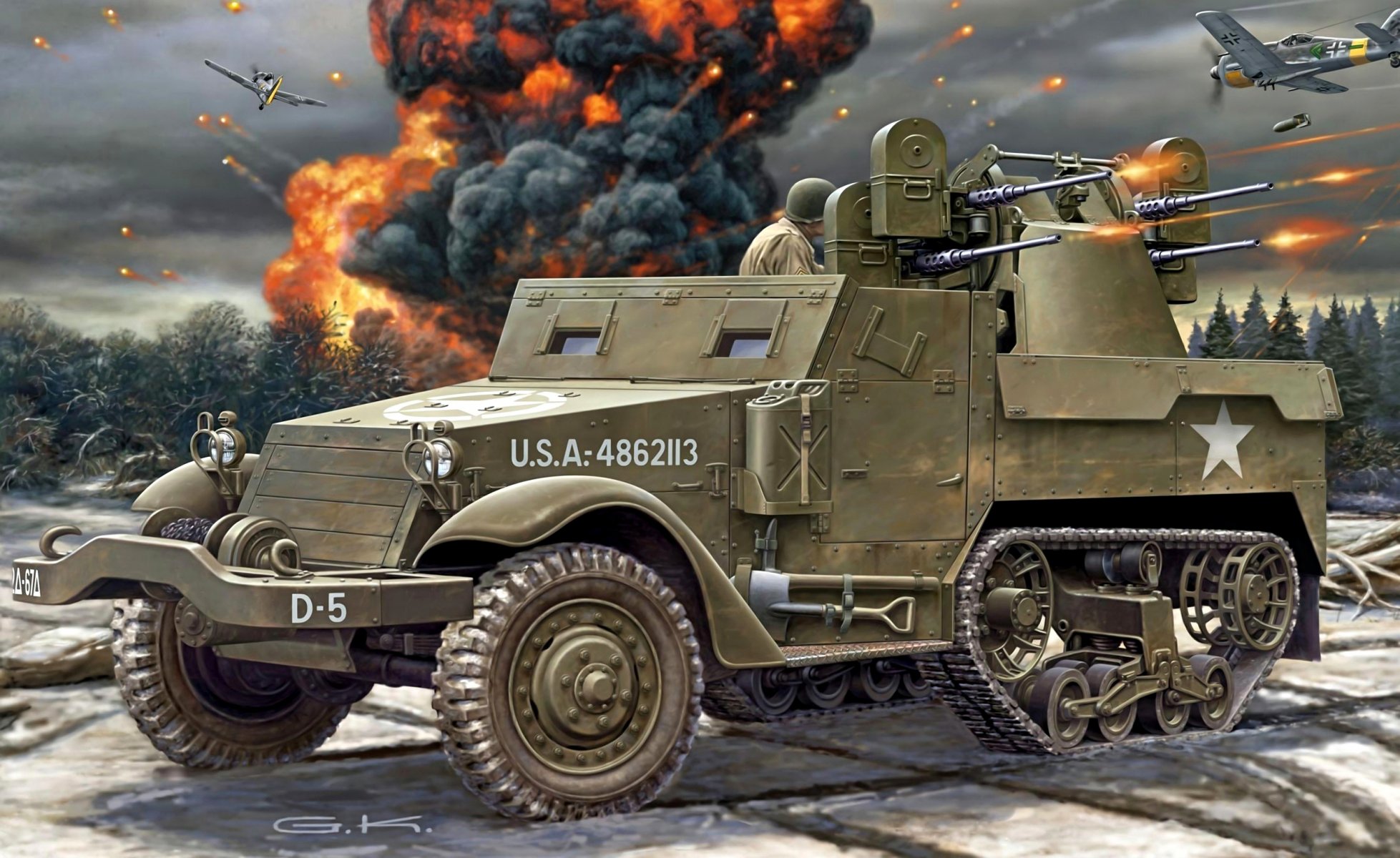 art m3 half-track personnel transporteur américain semi-remorque véhicule blindé de transport de troupes m16 zsu mitrailleuses browning tir bombes déchirures ww2 dessin