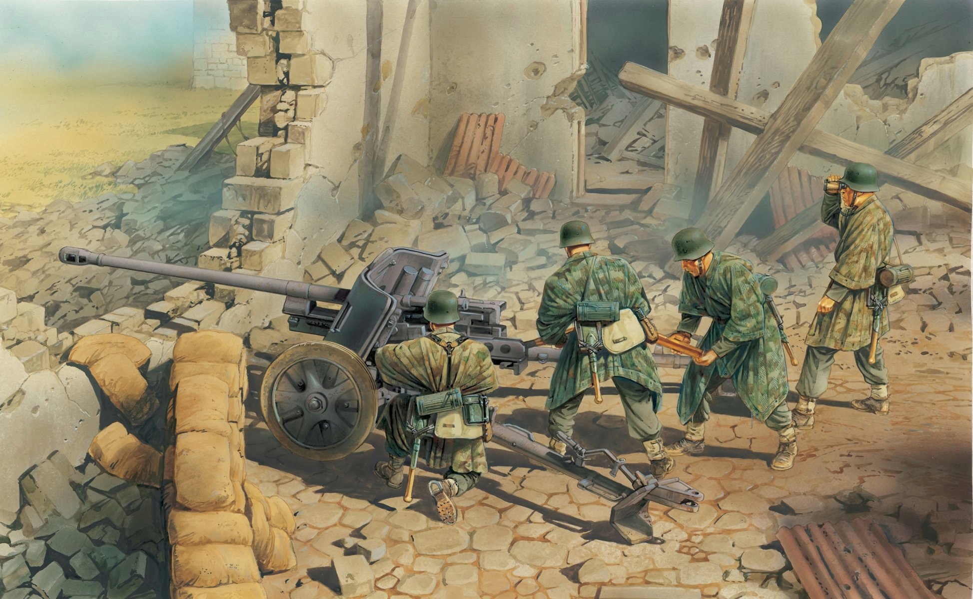 art guerre pak-38 allemand antichar canon artilleurs sur feu position ww2 dessin