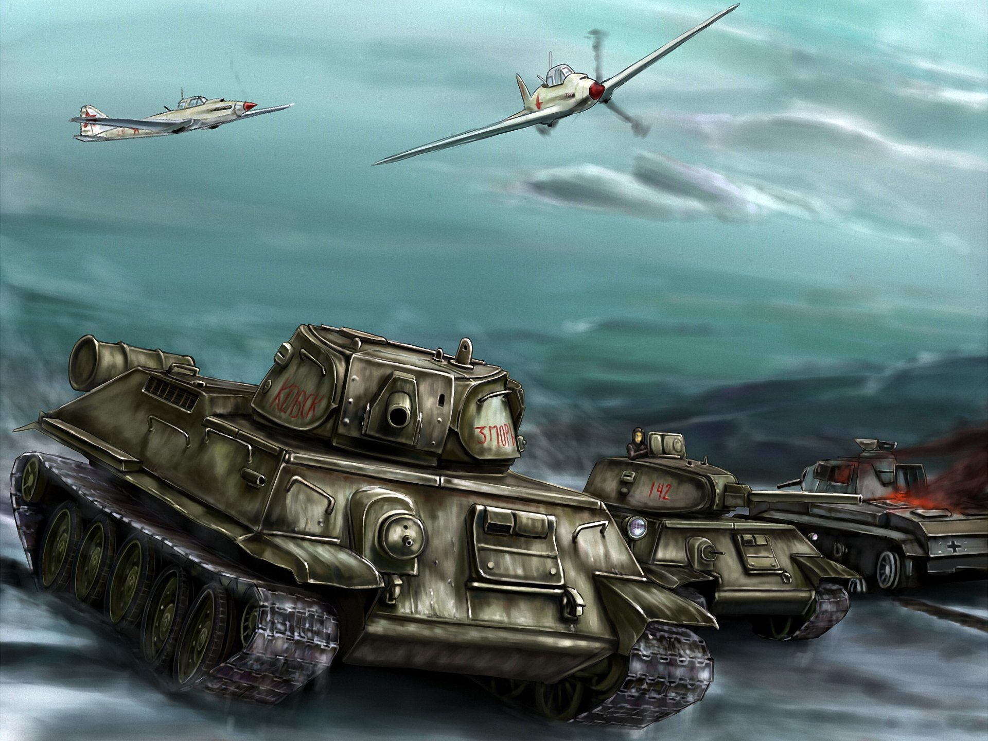 art guerre combat chars t-34-76 il-2 offensive grande guerre patriotique dessin